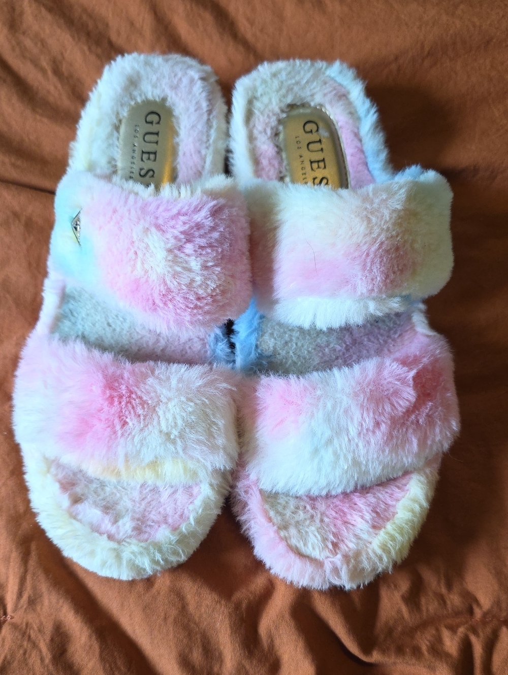 GUESS Pastel Pink, Blue and Cream Fuzzy Slide Slippers